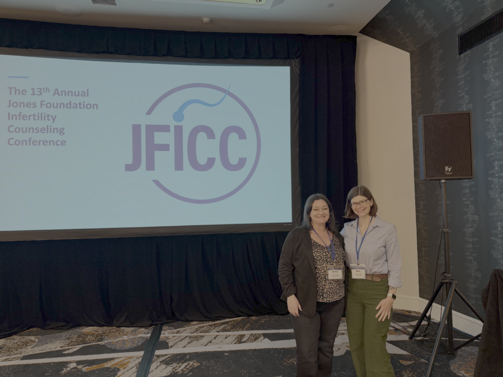 Brownstone Surrogacy's Head of Surrogate Engagement pictured with a licensed third-party reproduction mental health counselor for Brownstone intended parents pictured at the Jones Foundation Infertility Counseling Conference.